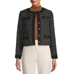 NWT Ecru Black Silver Tweed Denim Trim Blazer Jacket